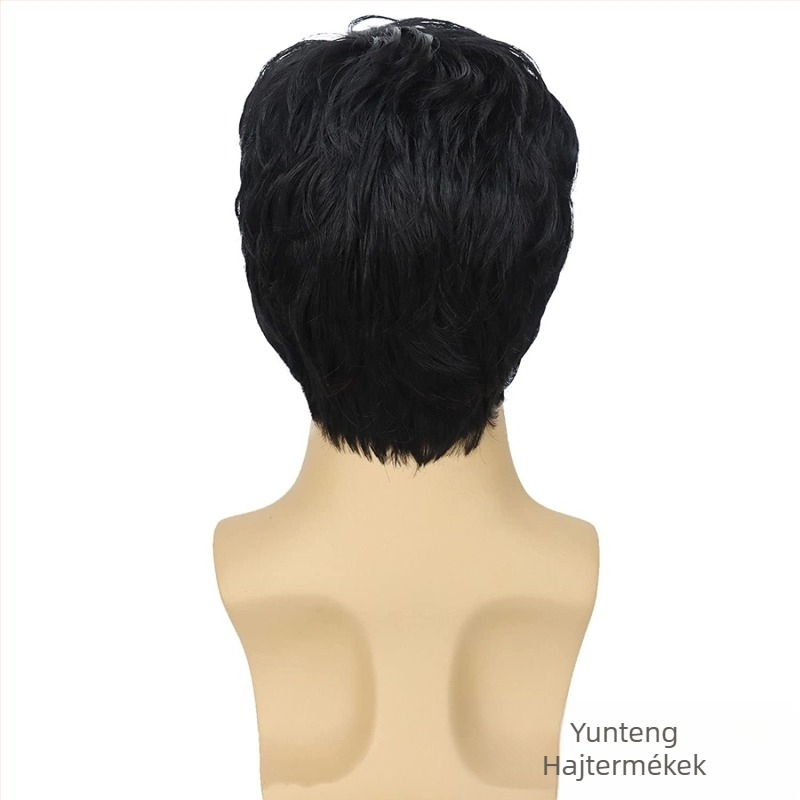 Európai és amerikai határokon átnyúló férfi paróka ferde frufruval, rövid kémiai szálas, magas hőmérsékletű selyem fejfedővel, férfi paróka