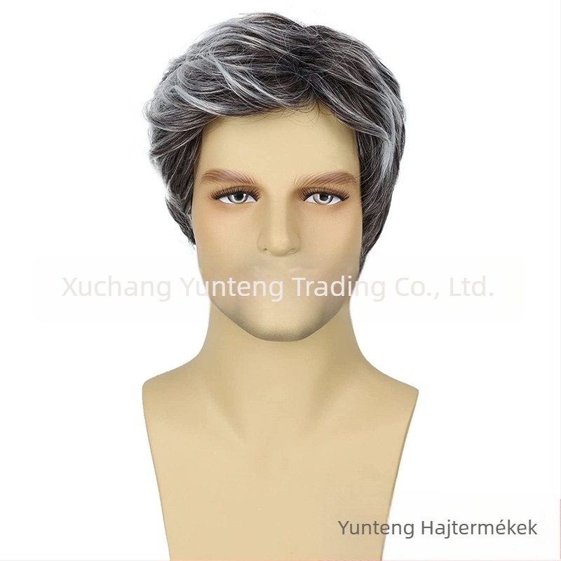 Európai és amerikai határokon átnyúló férfi paróka ferde frufruval, rövid kémiai szálas, magas hőmérsékletű selyem fejfedővel, férfi paróka