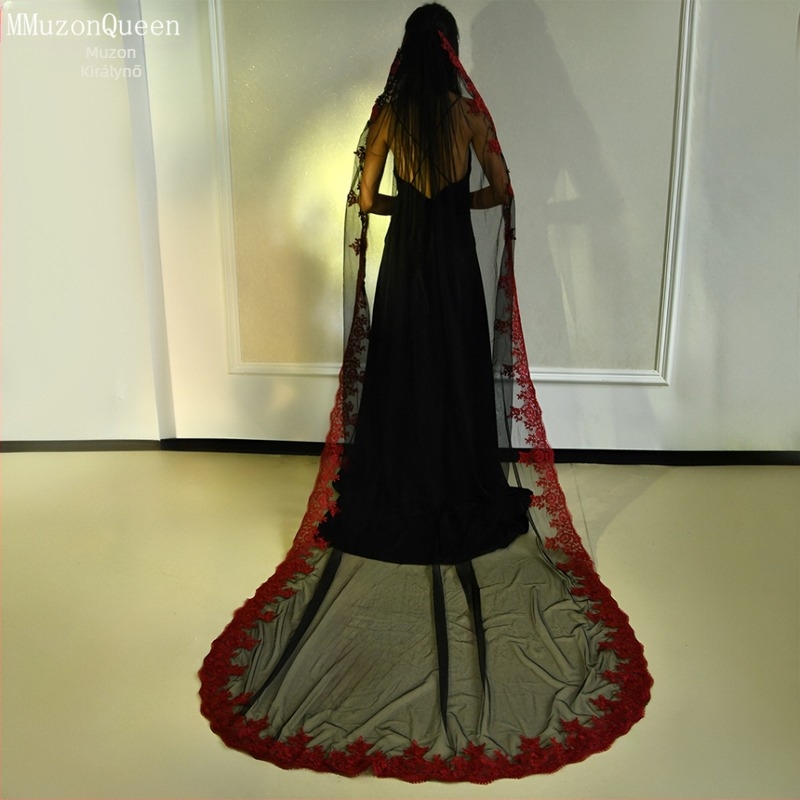 Manzhen Fashion Nagy Fátyol Menyasszonyi Fátyol Piros Csipke Csipke Végignyúló Egyrétegű Hajfésű Fátyollal Puha Mnet M126