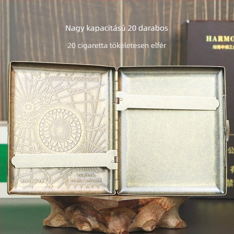 Új, bronz színű, sűrített virágmintás, 20 darabos, fémből készült, rézből készült cigarettadoboz, felhajtható tetejű, faragott és gravírozott, nyomás- és porálló dohányzókészlet