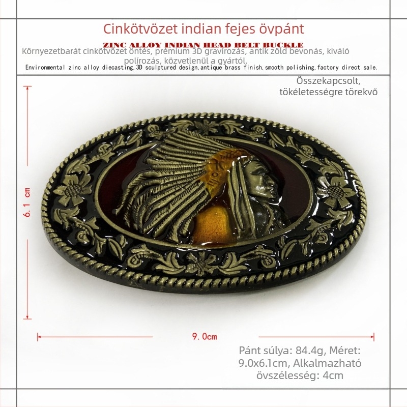 BULLZINE cinkötvözetből készült indiai övcsat 03151-1 retró, hétköznapi, western, farmer övcsat