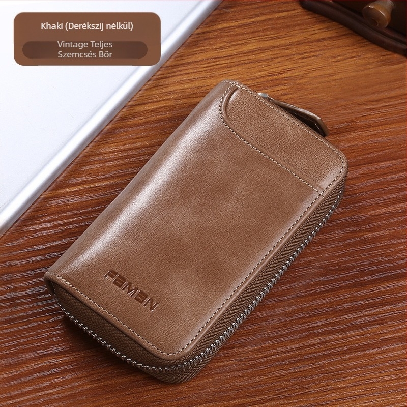 Retro kulcstartó, férfi valódi bőr, nagy kapacitású, cipzáras kulcstartó, kreatív, multifunkcionális, marhabőr autós kulcstartó