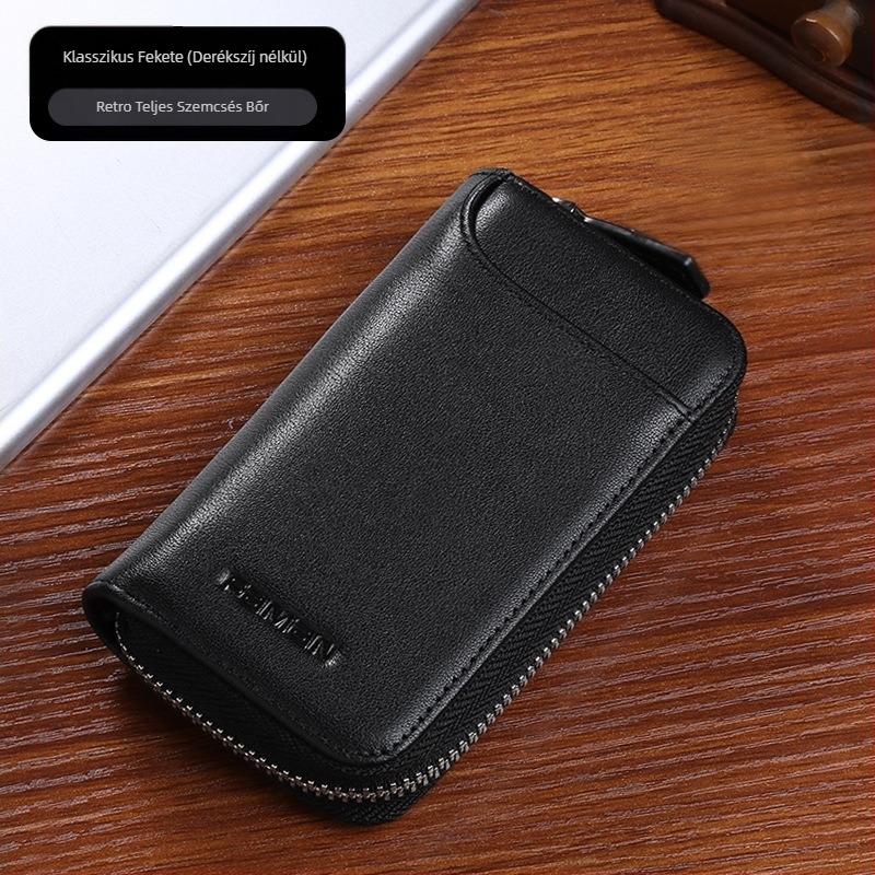 Retro kulcstartó, férfi valódi bőr, nagy kapacitású, cipzáras kulcstartó, kreatív, multifunkcionális, marhabőr autós kulcstartó