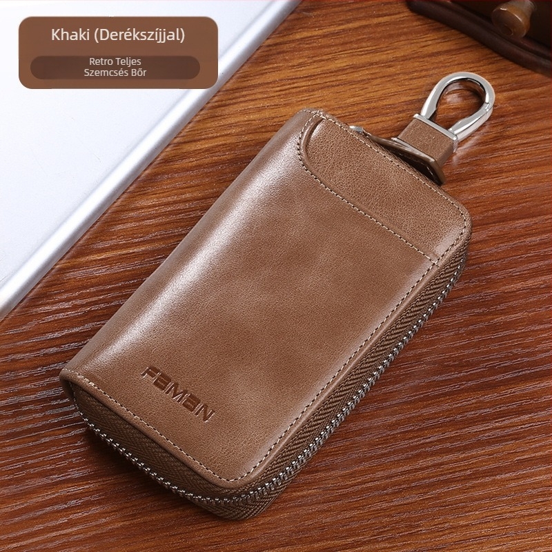 Retro kulcstartó, férfi valódi bőr, nagy kapacitású, cipzáras kulcstartó, kreatív, multifunkcionális, marhabőr autós kulcstartó