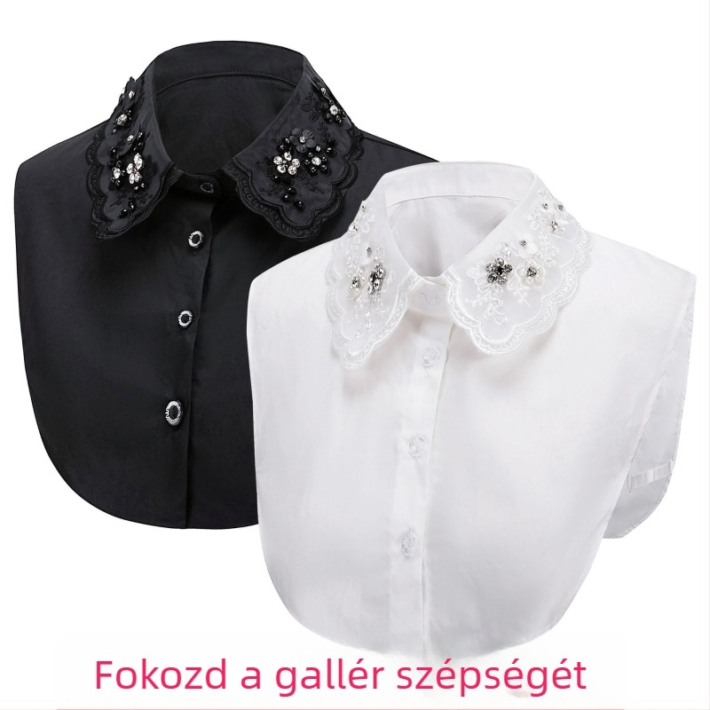 Őszi és téli dél-koreai fehér gyöngyös strasszos női ing, hamis galléros, díszes ing, hamis galléros