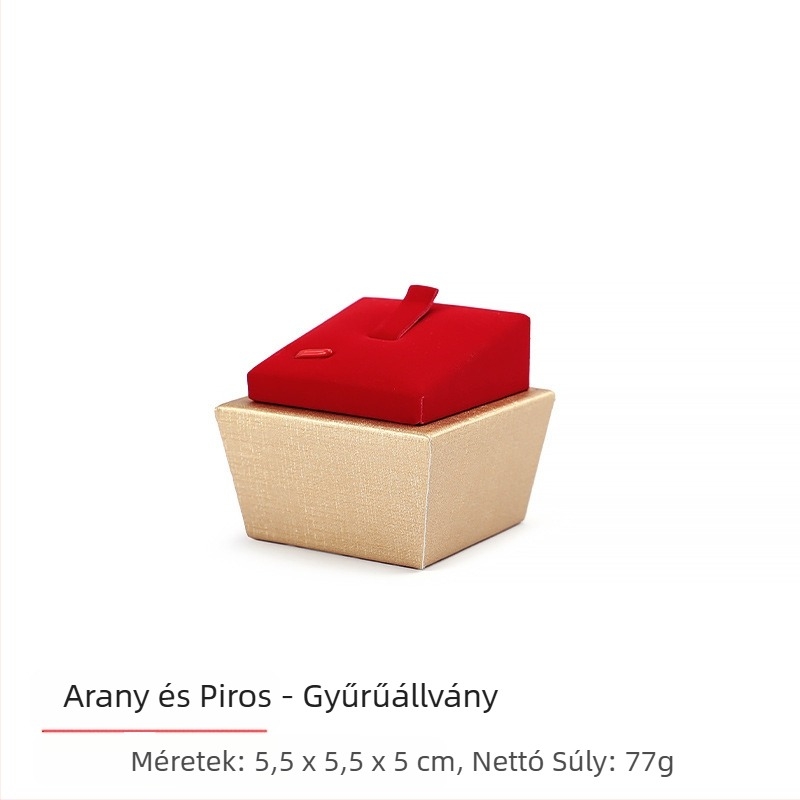 Ékszerkiállítási kellékek, piros flanel, arany ékszertálca, gyűrű, nyaklánc tartó, pult, ékszertartó