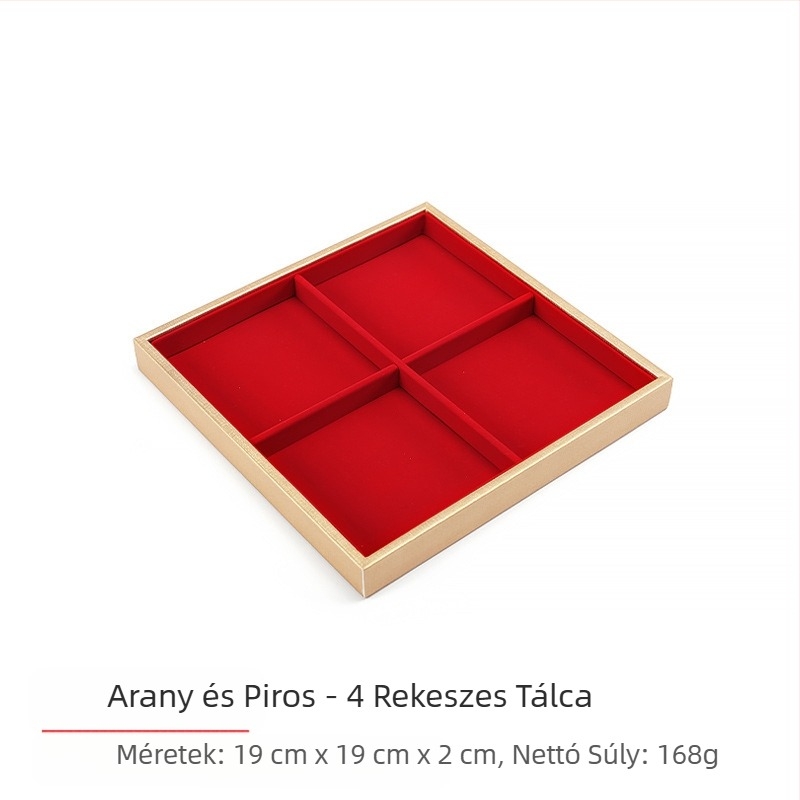 Ékszerkiállítási kellékek, piros flanel, arany ékszertálca, gyűrű, nyaklánc tartó, pult, ékszertartó