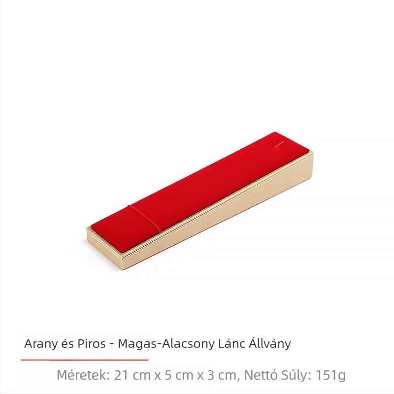 Ékszerkiállítási kellékek, piros flanel, arany ékszertálca, gyűrű, nyaklánc tartó, pult, ékszertartó