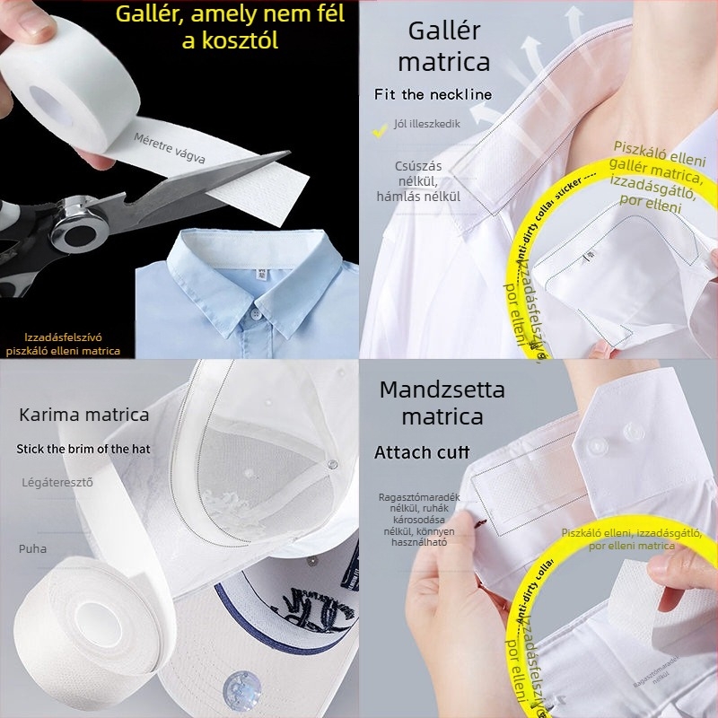 Szennyeződésgátló matricák nyakörvre, Izzadásgátló matricák, Gallérvédelem, Öntapadós, eldobható karimás sapkagallér, Inggallér matricák, Izzadságelnyelő