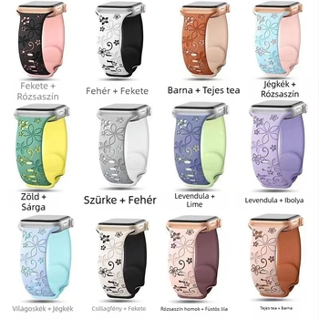 Apple Watch pillangós csattal, kétszínű, faragott szilikon szíjjal, iWatch dombornyomott gravírozással