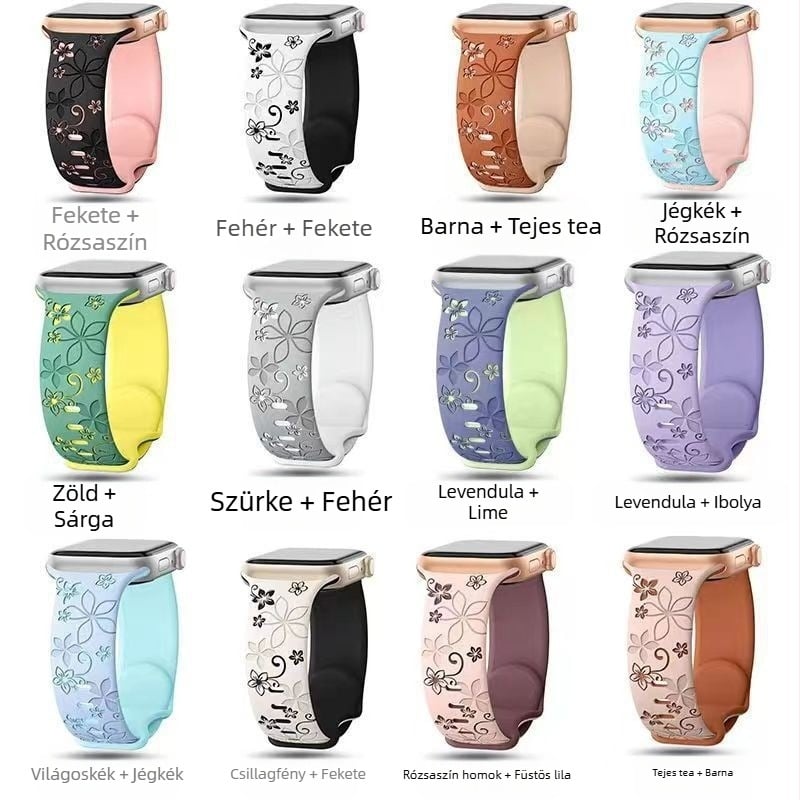 Apple Watch pillangós csattal, kétszínű, faragott szilikon szíjjal, iWatch dombornyomott gravírozással