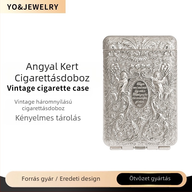 Feldolgozott retro európai visszatérő angyal kert antik háromnyitott cigarettadoboz antik ezüst férfi cigarettatároló doboz