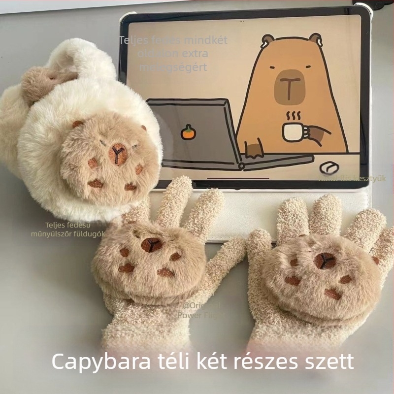 Capabala capybara téli kesztyű fülvédők meleg kétrészes aranyos női fagyálló plüss hidegálló fülvédők fülvédők