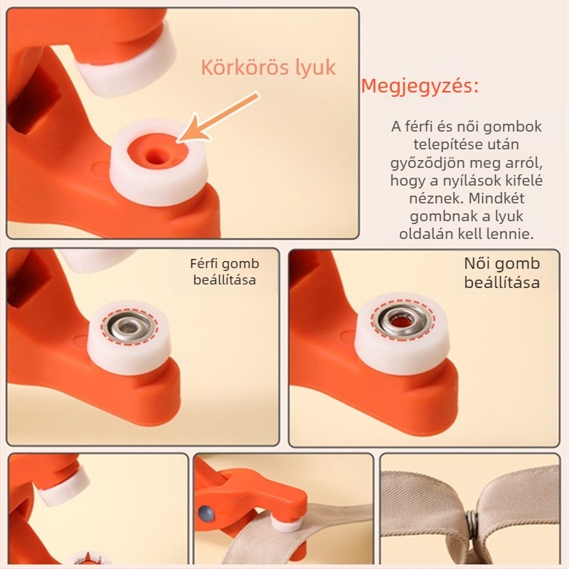 Ötágú csatszerelő szerszámkészlet, szeg- és varrásmentes babaruha takarótartó, patentgomb, anyóscsat, kis gomb