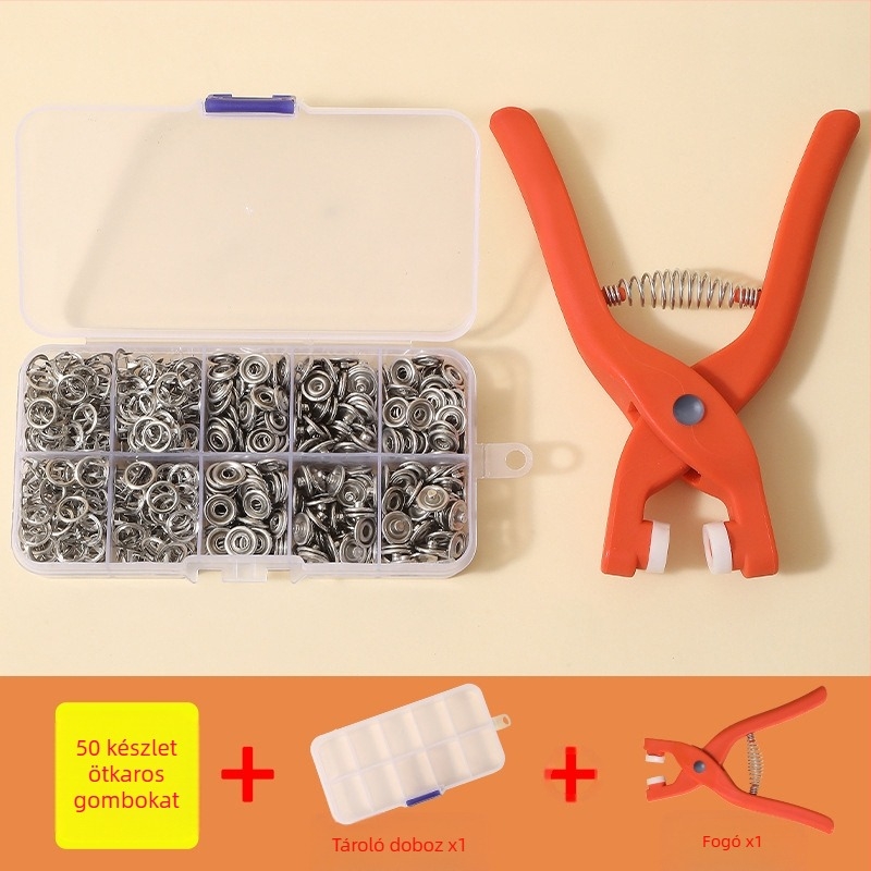 Ötágú csatszerelő szerszámkészlet, szeg- és varrásmentes babaruha takarótartó, patentgomb, anyóscsat, kis gomb