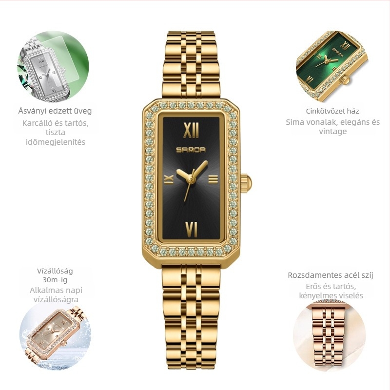 Női hosszú, négyzet alakú karóra 2024 új, gyémántokkal kirakott kvarcóra divatos, minden mérkőzésre alkalmas, kültéri, vízálló árapályövvel