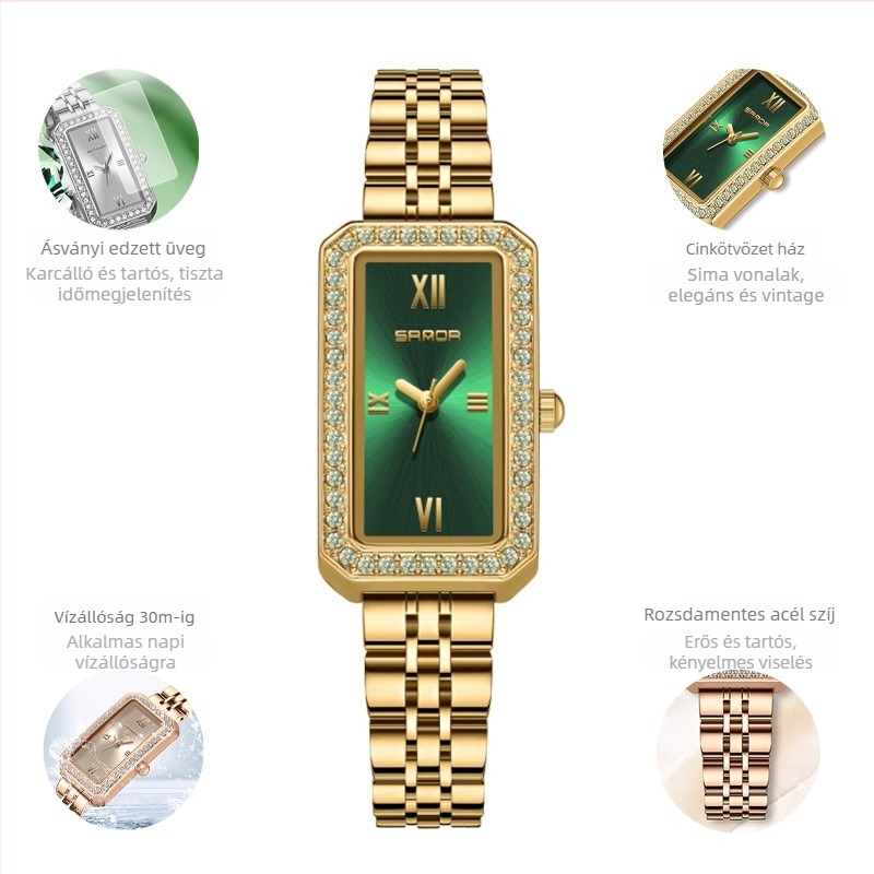 Női hosszú, négyzet alakú karóra 2024 új, gyémántokkal kirakott kvarcóra divatos, minden mérkőzésre alkalmas, kültéri, vízálló árapályövvel