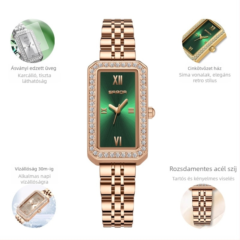 Női hosszú, négyzet alakú karóra 2024 új, gyémántokkal kirakott kvarcóra divatos, minden mérkőzésre alkalmas, kültéri, vízálló árapályövvel