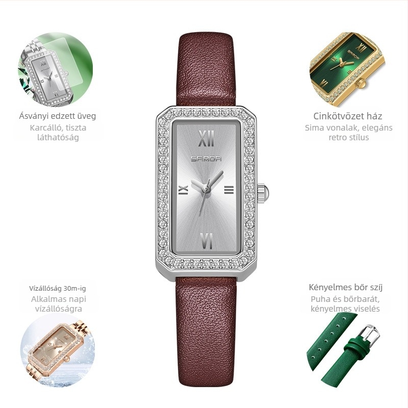 Női hosszú, négyzet alakú karóra 2024 új, gyémántokkal kirakott kvarcóra divatos, minden mérkőzésre alkalmas, kültéri, vízálló árapályövvel