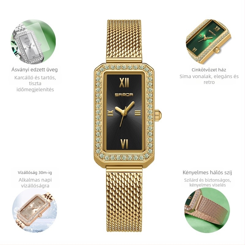 Női hosszú, négyzet alakú karóra 2024 új, gyémántokkal kirakott kvarcóra divatos, minden mérkőzésre alkalmas, kültéri, vízálló árapályövvel