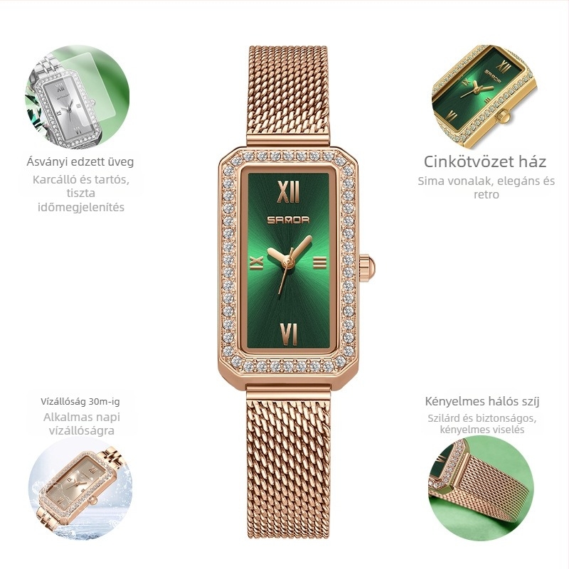 Női hosszú, négyzet alakú karóra 2024 új, gyémántokkal kirakott kvarcóra divatos, minden mérkőzésre alkalmas, kültéri, vízálló árapályövvel