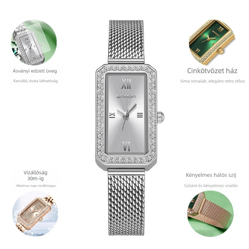 Női hosszú, négyzet alakú karóra 2024 új, gyémántokkal kirakott kvarcóra divatos, minden mérkőzésre alkalmas, kültéri, vízálló árapályövvel