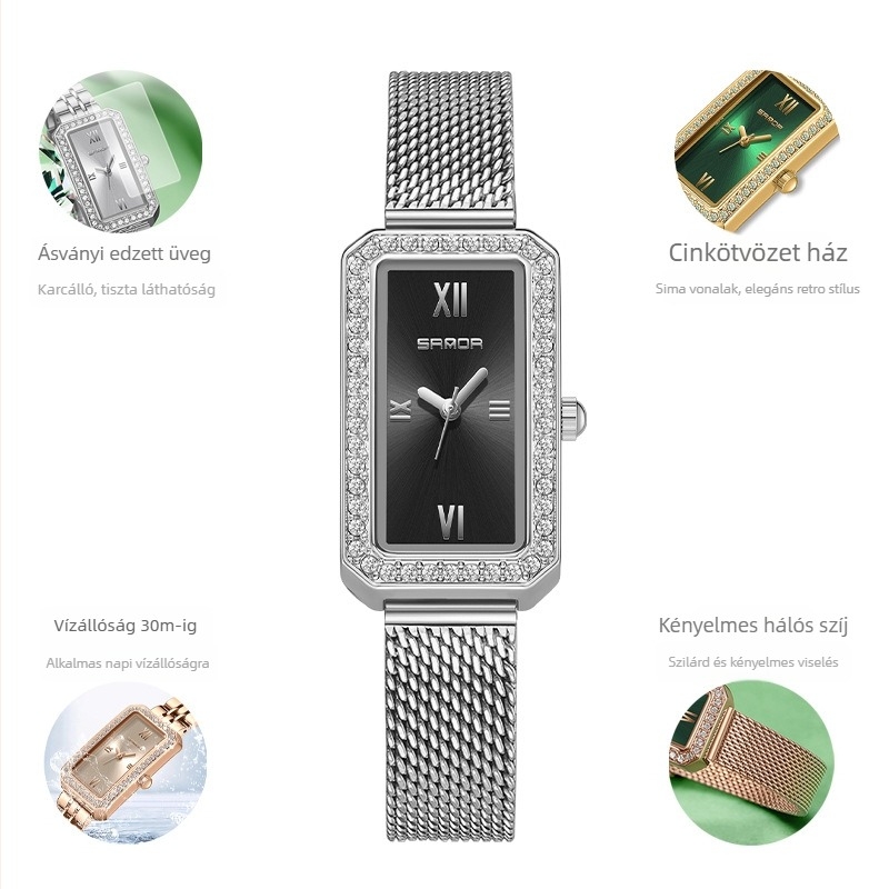 Női hosszú, négyzet alakú karóra 2024 új, gyémántokkal kirakott kvarcóra divatos, minden mérkőzésre alkalmas, kültéri, vízálló árapályövvel