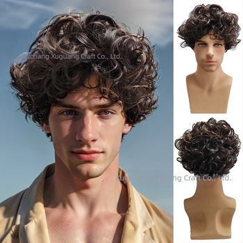 TEMU európai és amerikai paróka férfi paróka rövid haj férfi bolyhos sötétbarna paróka frufru felfelé fordított rövid haj göndör haj