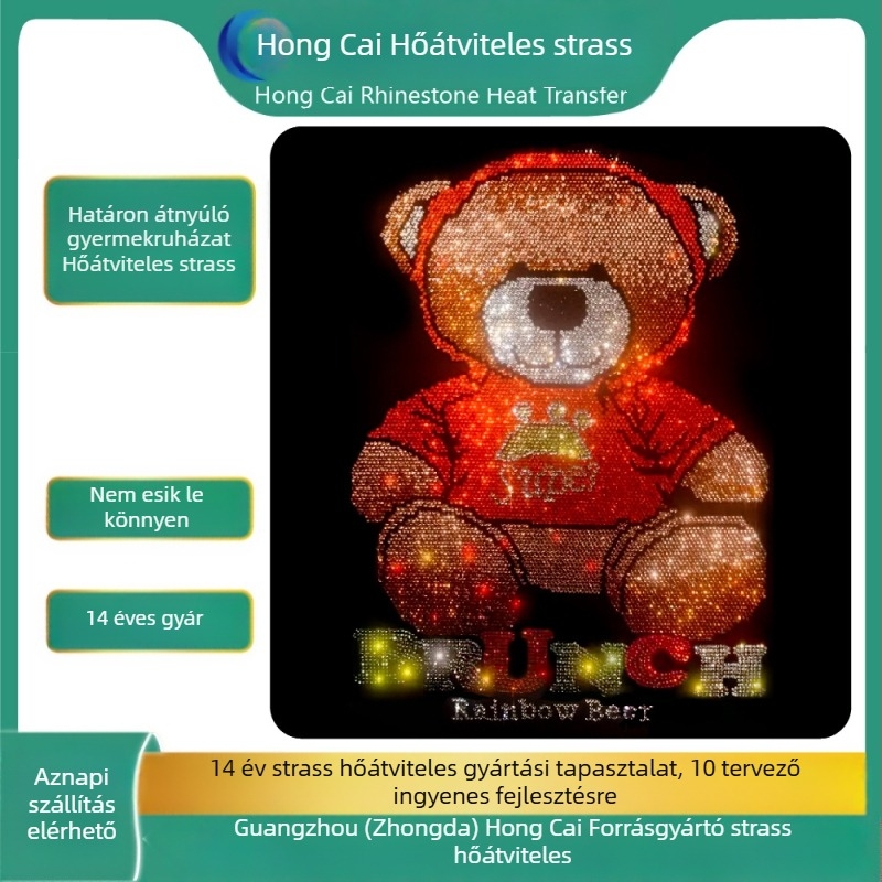 Határokon átnyúló gyermekruházat, forró strassz minta transzfer medve logó ruházat, forró strassz, forró bélyegzés, barkácsolás, strassz kiegészítők feldolgozása, nagykereskedelem