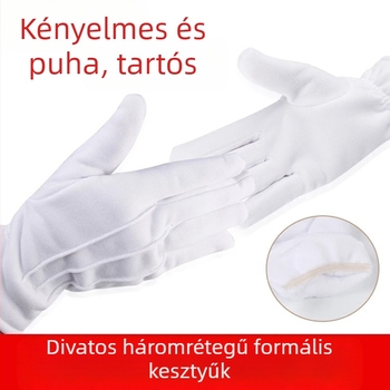 Téli, hárombordás bársonyból készült, bélelt fehér kesztyű, etikett, parádé, teljesítmény, szolgálat, védőkesztyű, csúszásgátló, meleg, hideg viseletre