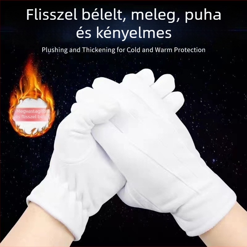 Téli, hárombordás bársonyból készült, bélelt fehér kesztyű, etikett, parádé, teljesítmény, szolgálat, védőkesztyű, csúszásgátló, meleg, hideg viseletre