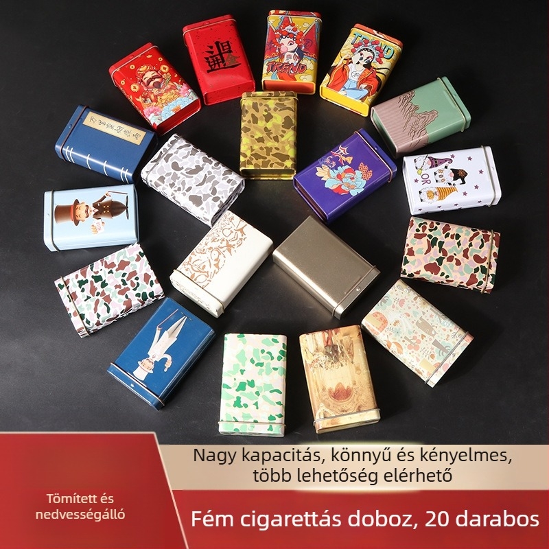 Új, 20 darabos, flip fém integrált cigarettatartó, kreatív, több mintázatú, vízálló és nedvességálló, férfi ónozott doboz, közvetlen értékesítés