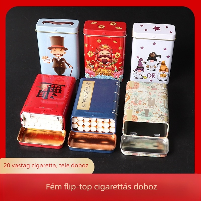 Új, 20 darabos, flip fém integrált cigarettatartó, kreatív, több mintázatú, vízálló és nedvességálló, férfi ónozott doboz, közvetlen értékesítés