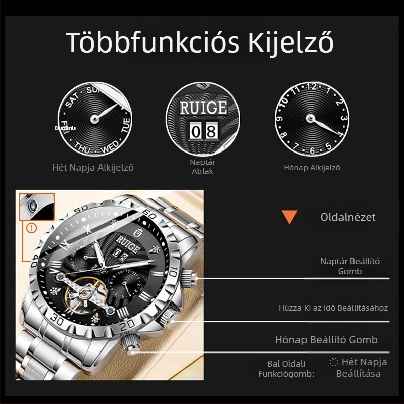 Klasszikus üreges automata mechanikus óra férfi rozsdamentes acél lendkerék híres óra vízálló divatos férfi karóra