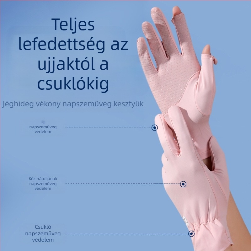 Napvédő kesztyű női nyári UV védelemmel vékony, nyitott ujjú, középhosszú, Ice Silk védőkesztyű vezetéshez, lovaglás sportokhoz, csúszásgátló