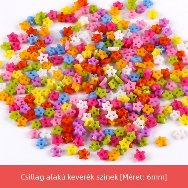 Műanyag kis gomb, mini színes, kézzel készített, barkácsolt rajzgomb, szilvavirág gomb, őszibarack szív, ötágú csillag kis gomb, 6 mm