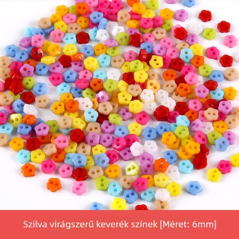Műanyag kis gomb, mini színes, kézzel készített, barkácsolt rajzgomb, szilvavirág gomb, őszibarack szív, ötágú csillag kis gomb, 6 mm