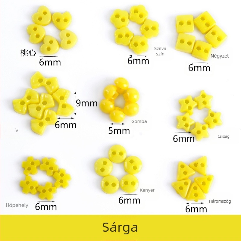 Műanyag kis gomb, mini színes, kézzel készített, barkácsolt rajzgomb, szilvavirág gomb, őszibarack szív, ötágú csillag kis gomb, 6 mm