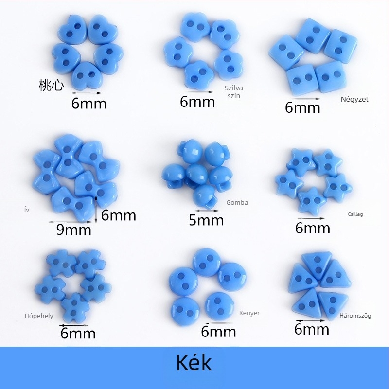 Műanyag kis gomb, mini színes, kézzel készített, barkácsolt rajzgomb, szilvavirág gomb, őszibarack szív, ötágú csillag kis gomb, 6 mm