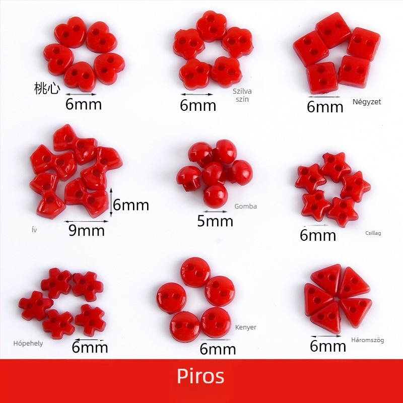 Műanyag kis gomb, mini színes, kézzel készített, barkácsolt rajzgomb, szilvavirág gomb, őszibarack szív, ötágú csillag kis gomb, 6 mm