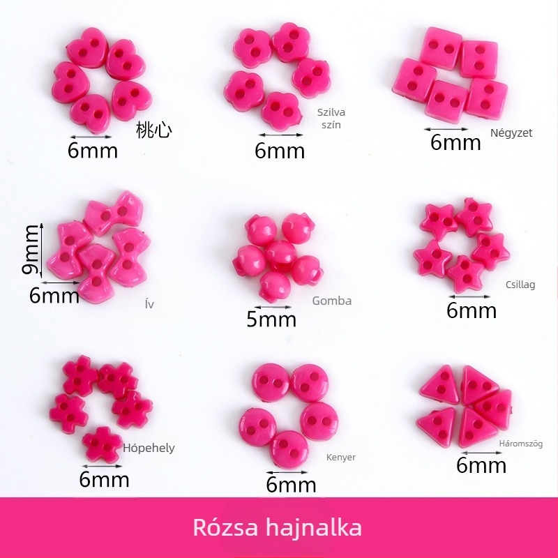 Műanyag kis gomb, mini színes, kézzel készített, barkácsolt rajzgomb, szilvavirág gomb, őszibarack szív, ötágú csillag kis gomb, 6 mm