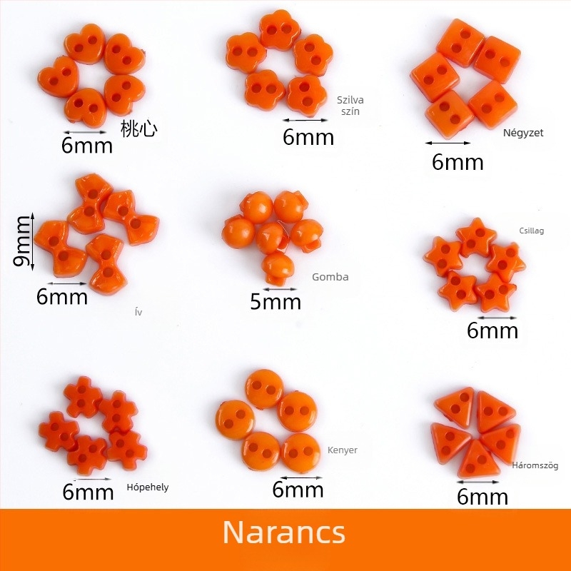 Műanyag kis gomb, mini színes, kézzel készített, barkácsolt rajzgomb, szilvavirág gomb, őszibarack szív, ötágú csillag kis gomb, 6 mm