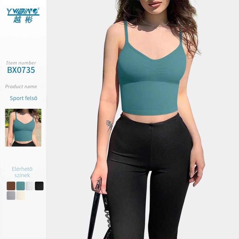 Női jógamellény melltartóbetét nélkül, bordázott kötött sportfelső, állítható vállpántok, varrás nélküli, rövid belső viselet