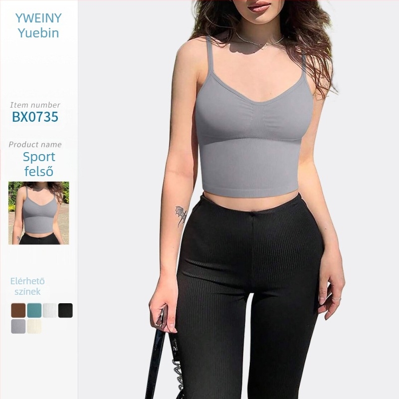 Női jógamellény melltartóbetét nélkül, bordázott kötött sportfelső, állítható vállpántok, varrás nélküli, rövid belső viselet