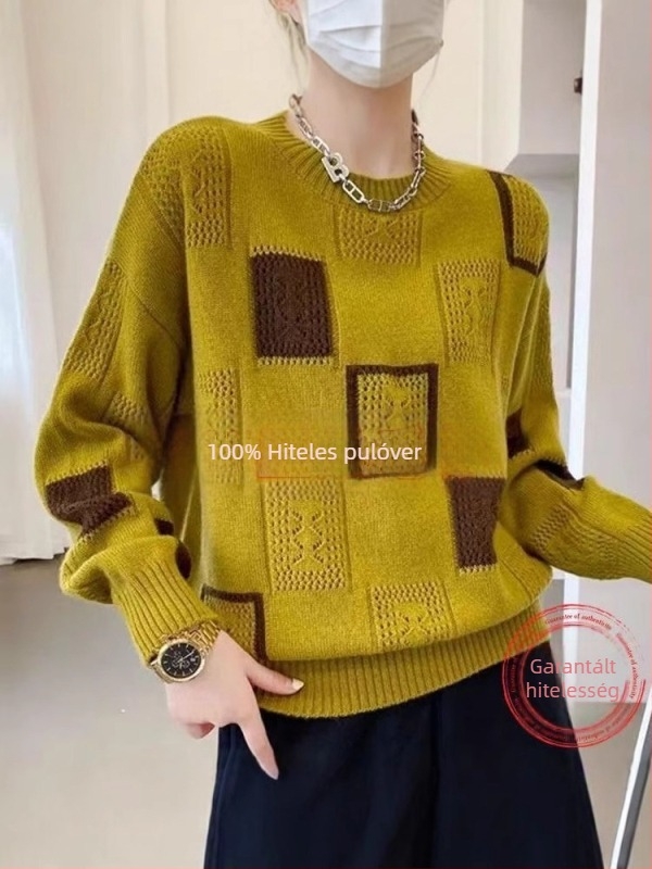 2025-ös őszi új, színben illő, kockás mintás, kerek nyakú, stylist pulóver, női top, Instagram divat