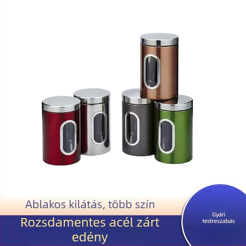 Oldalsó ablakon látható rozsdamentes acél tárolóedény, kávébab, müzli, cukorkocka, snack tárolóedény, tea, dió, lezárt üveg