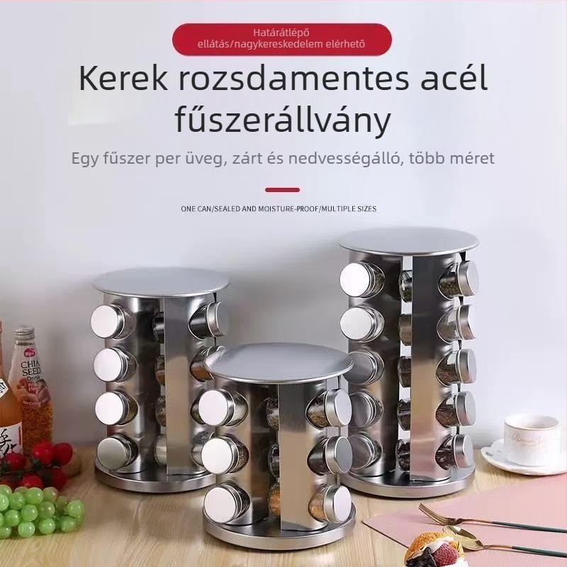 360 fokban forgatható rozsdamentes acél fűszertartó, konyhai fűszertartó, só, cukor, bors tárolóállvány