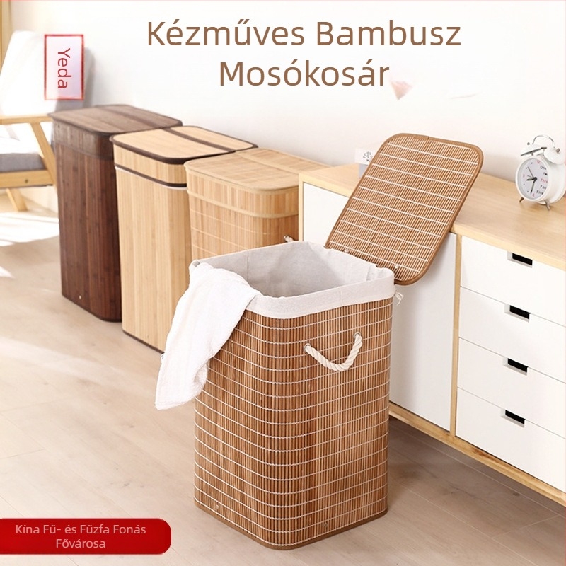 Háztartási összecsukható szennyesruha-kosár bambusz tárolókosár fedéllel, porálló szőtt szennyesruha-snackek játéktároló vödör nagykereskedelem