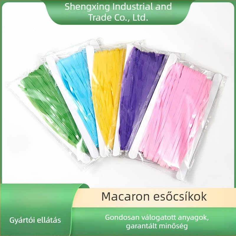 Gyári ellátás macaron eső selyem 1 * 2M születésnapi eső selyem függöny dekoráció party háttér dekoráció bojtos Macaron