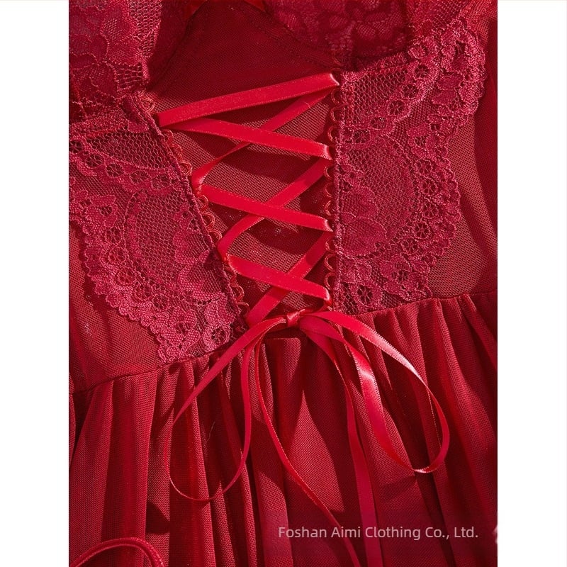 Európai és amerikai határokon átnyúló új női szexi pizsama tiszta színű, nyakkendős, push-up csipke hálóing kétrészes szett 25015